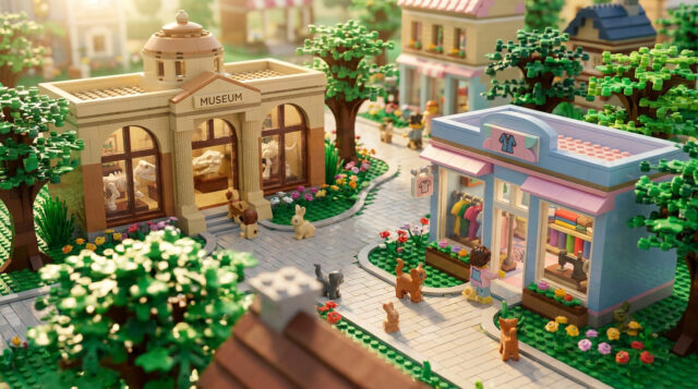 Nouveaux sets LEGO Animal Crossing prévus pour 2026 Une scène LEGO détaillée représentant un musée et une boutique de vêtements dans un village Animal Crossing.