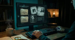 Un joueur utilise un clavier éclairé face à un écran affichant l'interface du jeu d'horreur The Midnight Files.