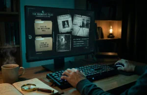 Tales of Fear Episode Zero : le jeu d’horreur gratuit de Steam Un joueur utilise un clavier éclairé face à un écran affichant l'interface du jeu d'horreur The Midnight Files.