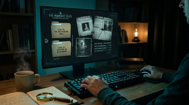 Joueur face à Tales of Fear sur PC Un joueur utilise un clavier éclairé face à un écran affichant l'interface du jeu d'horreur The Midnight Files.