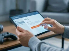 Comment résilier facilement un abonnement gaming Gros plan sur les mains d'un utilisateur annulant un abonnement sur une tablette avec une manette de jeu en arrière-plan.