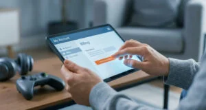 Gros plan sur les mains d'un utilisateur annulant un abonnement sur une tablette avec une manette de jeu en arrière-plan.