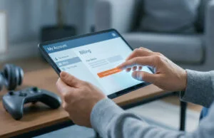 Comment résilier facilement un abonnement gaming Gros plan sur les mains d'un utilisateur annulant un abonnement sur une tablette avec une manette de jeu en arrière-plan.