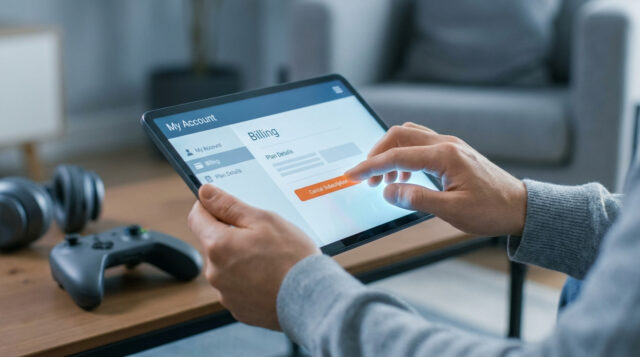 Gros plan sur les mains d'un utilisateur annulant un abonnement sur une tablette avec une manette de jeu en arrière-plan.