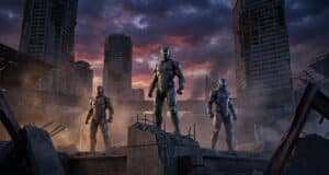 Trois personnages en armure futuriste se tiennent debout sur des ruines devant des gratte-ciels en ruine au crépuscule.