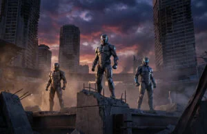 Apex Legends : tier list des meilleures légendes en saison 30 Trois personnages en armure futuriste se tiennent debout sur des ruines devant des gratte-ciels en ruine au crépuscule.
