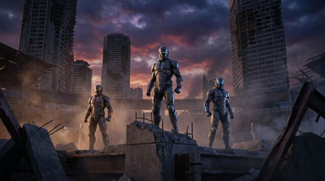 Apex Legends : Tier List Saison 30 Trois personnages en armure futuriste se tiennent debout sur des ruines devant des gratte-ciels en ruine au crépuscule.