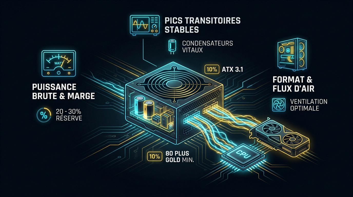 Infographie montrant la relation entre alimentation PC et performance gaming