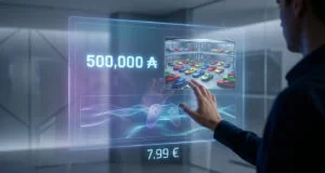 Un utilisateur interagissant avec une interface holographique affichant les bonus et le prix d'un abonnement de jeu.