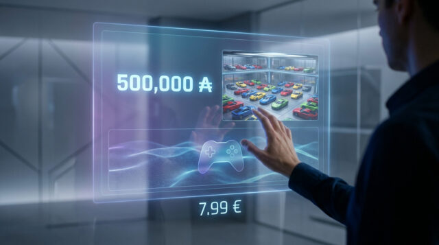 Abonnement GTA+ : Avantages et prix en 2026 Un utilisateur interagissant avec une interface holographique affichant les bonus et le prix d'un abonnement de jeu.