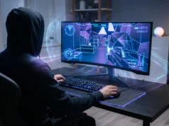 Warzone : quel VPN choisir pour éviter les lobbies tryhard ? Un joueur en sweat à capuche devant un écran de jeu avec des effets holographiques numériques.