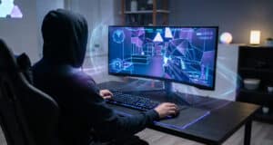 Un joueur en sweat à capuche devant un écran de jeu avec des effets holographiques numériques.