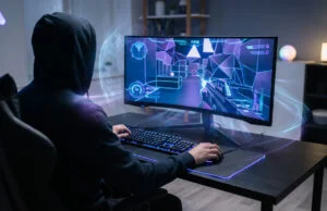 Warzone : quel VPN choisir pour éviter les lobbies tryhard ? Un joueur en sweat à capuche devant un écran de jeu avec des effets holographiques numériques.