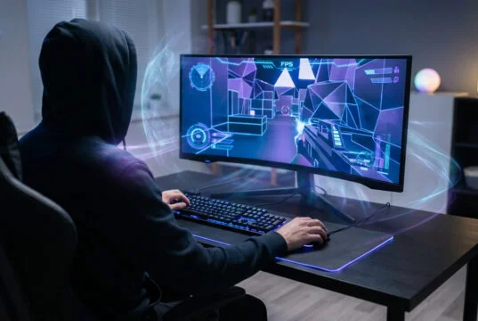 Un joueur en sweat à capuche devant un écran de jeu avec des effets holographiques numériques.