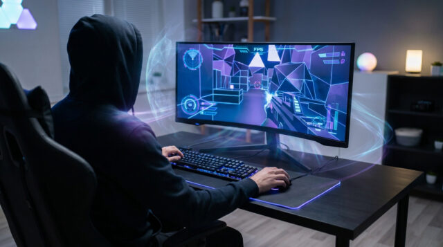 Choisir son VPN pour Warzone : le guide ultime Un joueur en sweat à capuche devant un écran de jeu avec des effets holographiques numériques.