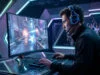 Un joueur professionnel concentré jouant à un jeu de tir compétitif sur un écran haute fréquence lors d'une compétition.