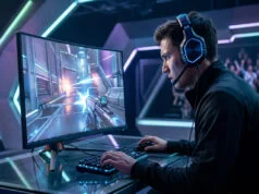 Pourquoi l’écran 540Hz devient l’arme absolue des pros en 2026 Un joueur professionnel concentré jouant à un jeu de tir compétitif sur un écran haute fréquence lors d'une compétition.