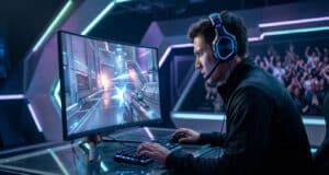 Un joueur professionnel concentré jouant à un jeu de tir compétitif sur un écran haute fréquence lors d'une compétition.