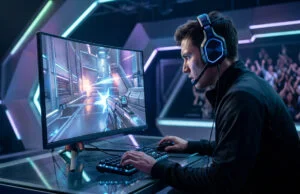Un joueur professionnel concentré jouant à un jeu de tir compétitif sur un écran haute fréquence lors d'une compétition.