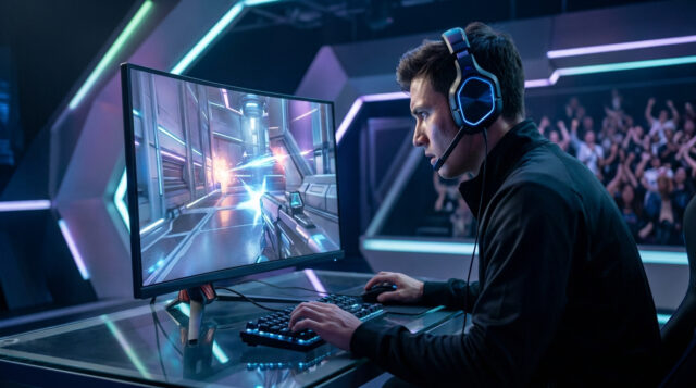 L'essor des écrans 540Hz dans l'e-sport en 2026 Un joueur professionnel concentré jouant à un jeu de tir compétitif sur un écran haute fréquence lors d'une compétition.