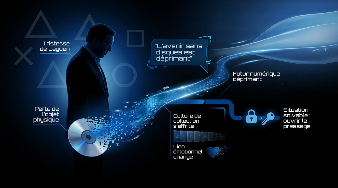 Illustration d'une console PlayStation sans lecteur de disque symbolisant la fin du format physique