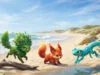 Starters de Pokémon Gen 10 : ce que révèlent les premiers leaks Trois créatures Pokémon imaginaires de type Plante, Feu et Eau sur une plage ensoleillée.