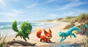 Trois créatures Pokémon imaginaires de type Plante, Feu et Eau sur une plage ensoleillée.