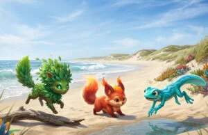 Starters de Pokémon Gen 10 : ce que révèlent les premiers leaks Trois créatures Pokémon imaginaires de type Plante, Feu et Eau sur une plage ensoleillée.