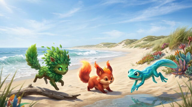 Starters Pokémon Gen 10 : Leaks et spéculations Trois créatures Pokémon imaginaires de type Plante, Feu et Eau sur une plage ensoleillée.