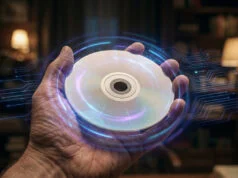 Playstation fin jeux physiques : le choc numérique dès 2028 Une main tenant un disque optique entouré d'effets holographiques numériques dans une bibliothèque sombre.
