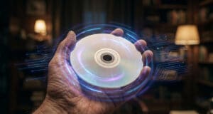 Une main tenant un disque optique entouré d'effets holographiques numériques dans une bibliothèque sombre.