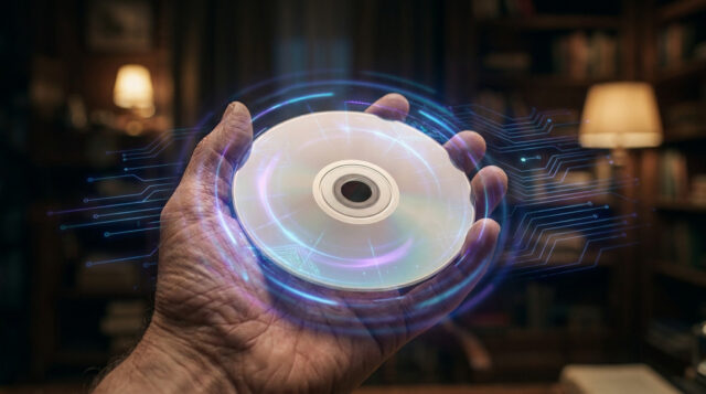 Une main tenant un disque optique entouré d'effets holographiques numériques dans une bibliothèque sombre.