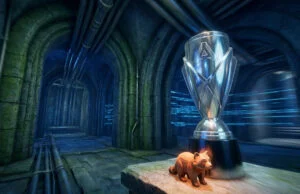 Guide des trophées Resident Evil Requiem : décrochez le platine Un trophée brillant et une statuette de raton laveur en bois posés dans un couloir sombre aux allures de donjon.