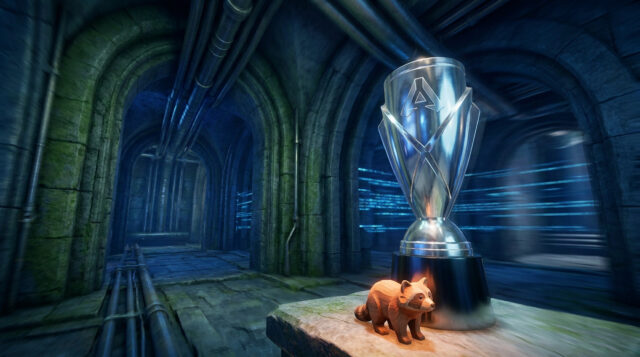 Guide trophées : Le Platine de Resident Evil Requiem Un trophée brillant et une statuette de raton laveur en bois posés dans un couloir sombre aux allures de donjon.