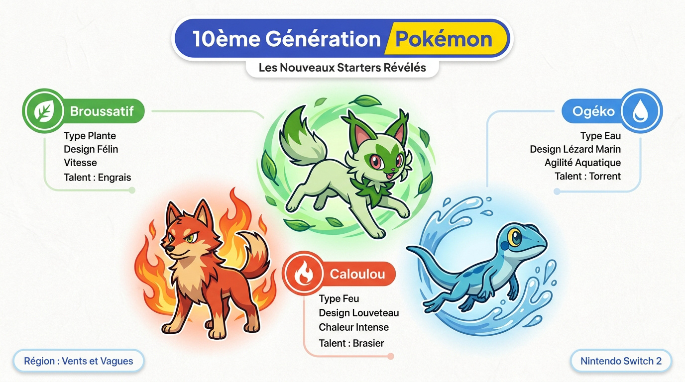Les nouveaux starters Pokémon de la 10ème génération Broussatif Caloulou et Ogéko