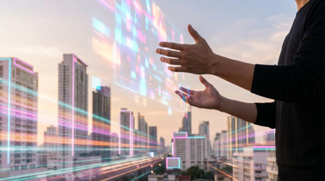 Précommande GTA 6 : l'ère numérique chez Micromania Une personne manipulant une interface holographique numérique devant un paysage urbain moderne au coucher du soleil.