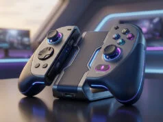 Joy-Con 2 : tout ce que l’on sait sur la manette Switch 2 Manette de jeu futuriste avec éclairage LED bleu sur un support, placée sur un bureau dans une chambre gaming.