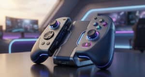 Manette de jeu futuriste avec éclairage LED bleu sur un support, placée sur un bureau dans une chambre gaming.