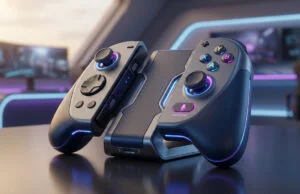 Joy-Con 2 : tout ce que l’on sait sur la manette Switch 2 Manette de jeu futuriste avec éclairage LED bleu sur un support, placée sur un bureau dans une chambre gaming.