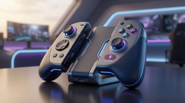 Concept des Joy-Con pour la future Switch 2 Manette de jeu futuriste avec éclairage LED bleu sur un support, placée sur un bureau dans une chambre gaming.