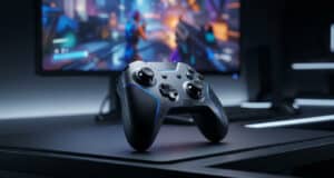 Une manette de jeu moderne posée sur un bureau devant un écran affichant un jeu vidéo avec des lumières bleues.