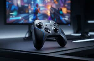 Quelle manette choisir pour jouer sur PC en 2026 ? Une manette de jeu moderne posée sur un bureau devant un écran affichant un jeu vidéo avec des lumières bleues.