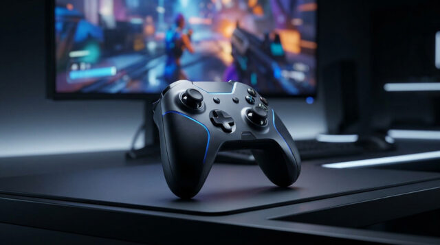 Quelle manette choisir pour jouer sur PC en 2026 ? Une manette de jeu moderne posée sur un bureau devant un écran affichant un jeu vidéo avec des lumières bleues.