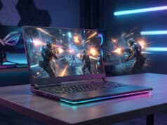 Quel PC portable RTX 5090 choisir ? Comparatif des modèles 2026 PC portable gamer haut de gamme sur un bureau avec effets de combat en 3D sortant de l'écran dans une pièce néon.