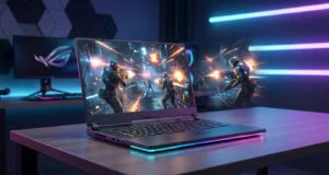 PC portable gamer haut de gamme sur un bureau avec effets de combat en 3D sortant de l'écran dans une pièce néon.