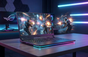 Quel PC portable RTX 5090 choisir ? Comparatif des modèles 2026 PC portable gamer haut de gamme sur un bureau avec effets de combat en 3D sortant de l'écran dans une pièce néon.
