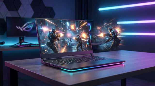 Comparatif PC portables équipés de la RTX 5090 (2026) PC portable gamer haut de gamme sur un bureau avec effets de combat en 3D sortant de l'écran dans une pièce néon.