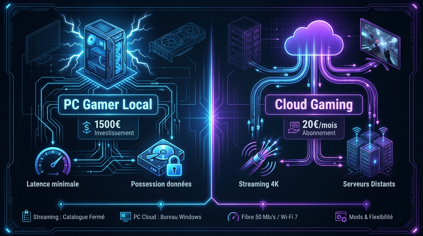 Comparaison visuelle entre une tour PC gamer et un serveur de cloud gaming