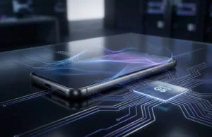 Un smartphone moderne posé sur une surface numérique avec une puce Tensor G5 illuminée et des circuits électroniques.