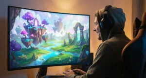 Un joueur en sweat à capuche joue à Legends of Starkadia sur un grand écran incurvé affichant un paysage fantastique.